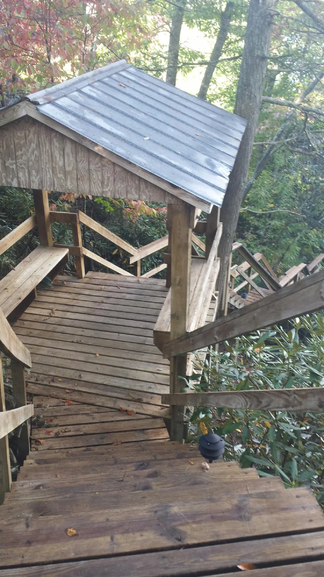 Metal roofed shelter over wooden steps on a wooded walkway — Skylight Repair & Installation work by our crew in Newberry